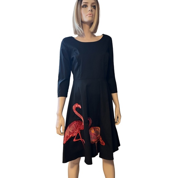 Sucrefas Dress Black ¾ Sleeve Vintage Inspired Flamingo appliqué Circle Skirt - Picture 4 of 14